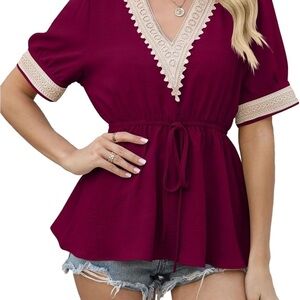 NWT Vidifid Women's Burgundy Wine Lace Trim Short Sleeve Blouse
